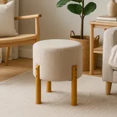 Pufe Puff Banqueta Banco Decorativo Redondo Almofadado Linho Luxo Bege Cinza Pés Plásticos Promoção