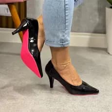 Sapato Scarpin Feminino Verniz Salto Baixo Fino Sola Rosa