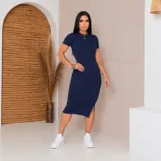 Vestido Mídi Manga Curta Femininos Com Fenda lateral
