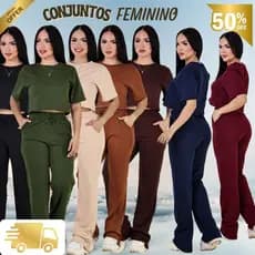 Conjunto Feminino Canelado Casual Confortável Manga Curta + Calça Wide Leg