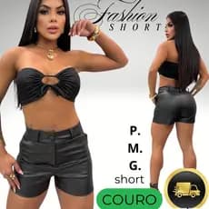 Shorts Couro Liso Com Bolsos funcionais Com Botão e zíper confortável verão