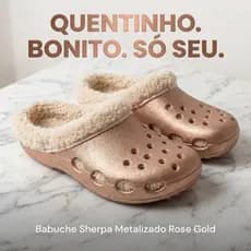 Babuche Pantufa Feminino Forrado Sherpa Inverno Confortável Quentinho Rose Gold Brilho Metalizado