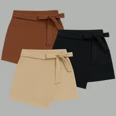 Kit 3 Short Saia Feminina Laço Frontal Detalhe Assimétrico Cintura Alta Canelado