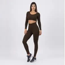 Conjunto Esportivo de Cropped Top Manga Longa e Calça Legging, Conjunto de Leggings Feminino