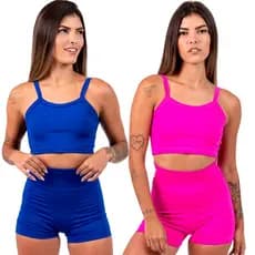 kit 2 Conjuntos Fitness Academia Feminino com Top de Alcinha e Short cintura alta em suplex