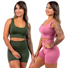 Kit 2 Conjuntos Academia Feminino Short e Top Fitness Cintura Alta Suplex básico.