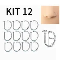Kit 12 unidades Piercing De Nariz Nostril D-ring em aço cirúrgico