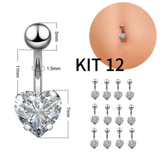Kit 12 Unidades Piercing Umbigo Aço Cirúrgico Pedrinha Formado Coração