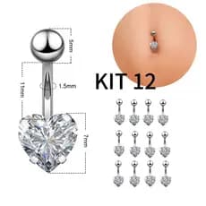 Kit 12 Unidades Piercing Umbigo Aço Cirúrgico Pedrinha Formado Coração