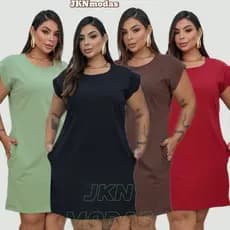 VESTIDO CASUAL Feminino CURTO PLUS SIZE , Com BOLSOS CURVE,CURVY  LISO manga muscle 100% algodão moda gringa,Tendencia