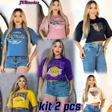 KIT 2 peças CROPPED oversized Feminino Estampas Variados 100% algodão , moda gringa,moda verão