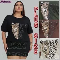 VESTIDO Feminino curto PLUS SIZE Estampa ONÇA CURVE CURVY100% Algodão Manga Curta Moda Gringa