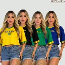 CROPPED Oversized Feminino BRASIL 100% Algodão Premium - Gola V Copa do Mundo 2026  Moda Gringa