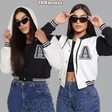 JAQUETA Bomber  Feminina  Moleto Varsity COM CAPUZ Moda Gringa Americana Colegial Letra A Streetwear e Conforto)