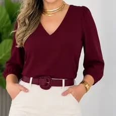 Blusa Feminina  Manga 3/4 Social Elegante Decote V