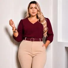 Blusa Feminina Plus Size Manga 3/4 Social Elegante Decote V