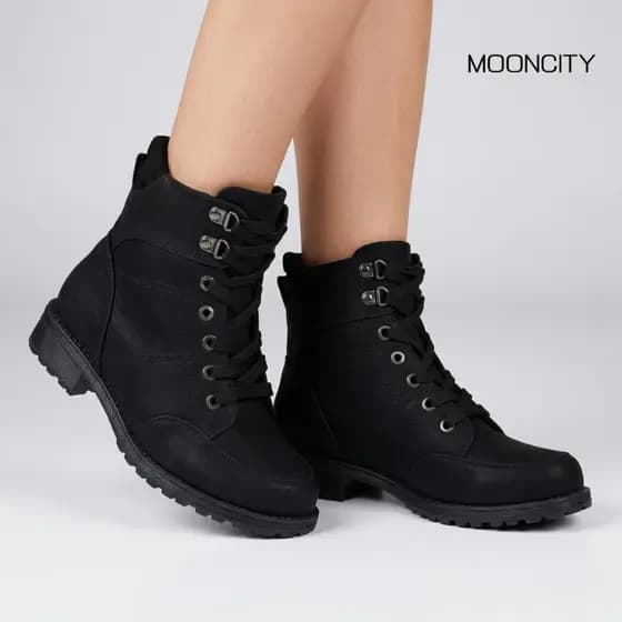 Bota Coturno Feminino Mooncity Cano Baixo Tratorada Fechamento Cadarço Estilosa Confortável 72130