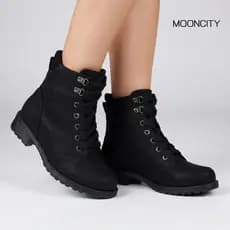 Bota Coturno Feminino Mooncity Cano Baixo Tratorada Fechamento Cadarço Estilosa Confortável 72130