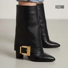 Bota Feminina Vizzano Cano Médio Capa Salto Grosso 8 cm Bico Fino Fivela Elegante 3105.106