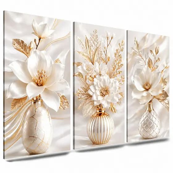 Quadros Decorativos 3 Peças Para Sala Quartos Vasos de Flores Branco e Dourados Brilhantes(VASO BRANCO)