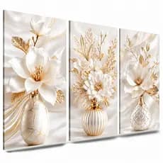 Quadros Decorativos 3 Peças Vasos de Flores Branco e dourado Delicadas Luxo Gold Para Sala (VASO BRANCO)