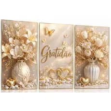 Kit De Quadros Decorativos 3 Peças Vasos Flores Brilhantes Borboletas Luxo Gratidão(VASO GRATIDÃO BRANCO))