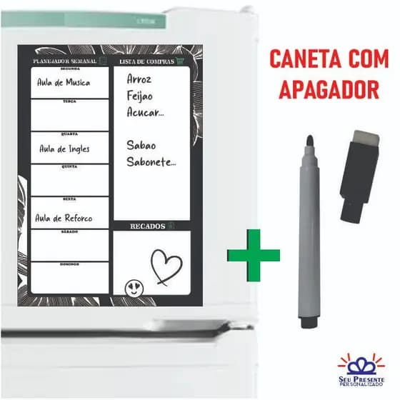 Ima de Geladeira Planner Semanal e Caneta que Apaga e Escreve Liso