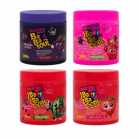 Kit 4 Gelatina Capilar Cachos BabaSoul Uva, Morango, Tutti Frutti e Melancia