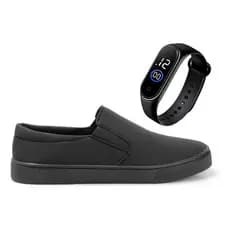 Kit Sapatês Masculino Slip On Preto Com Relogio Prova D'agua
