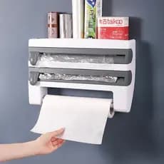 Dispenser 4 em 1 Cortador Papel Filme Aluminio Porta Papel Toalha Tempero Organizador de Cozinha