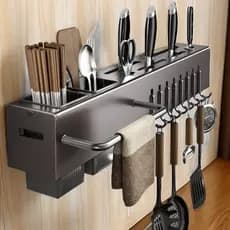 Porta Facas De Parede Aço Inox Com Escorredor De Talheres E Ganchos