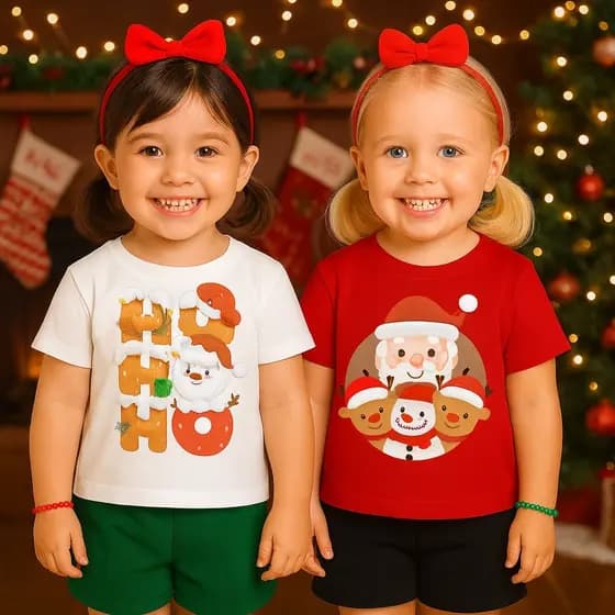 Kit 2 Conjuntos de Natal Menina - Conjunto Infantil de Papai Noel Feminino -Camiseta Vermelha e Branca de Natal Infantil