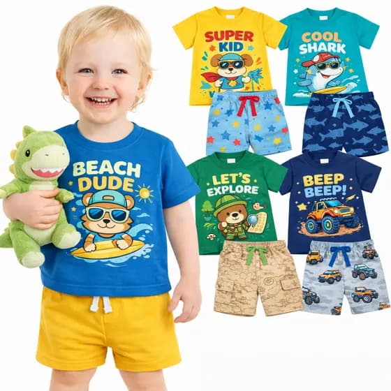kit Sortido 2 ou 4 peças de Roupa Infantil Masculino Verão Conjunto Infantil Bebê Menino Verão Manga Curta e Shorts