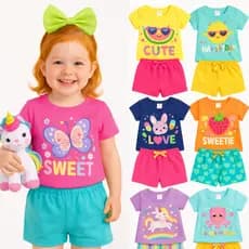 Kit Sortido 2 ou 4 Peças de Roupa de Verão Infantil Feminina Conjunto de VERÃO Bebê Menina
