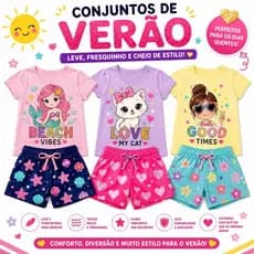 Kit Sortido 6 Peças de Conjunto Infantil Feminino VERÃO MENINA Blusa e Short Roupa Fresquinha e Confortável Bebê VERÃO