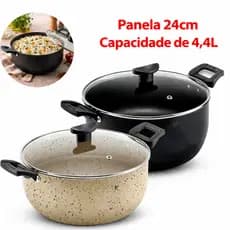 Panela Caçarola 24cm de 4,4 Litros Grande Para Cozinha Antiaderente Reforçada Tampa Vidro Temperado 22Cm 20Cm