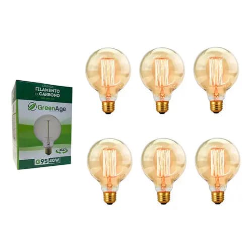 Kit 6 Lâmpada Filamento De Carbono 40w 110v E27 G95 Vintage