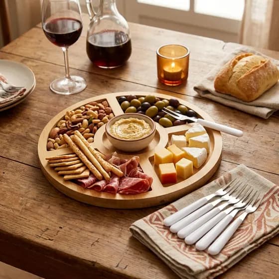 Kit Petisqueira 6 Garfinhos Inox 5 Divisórias Madeira Tábua de Frios Petisco Servir Queijo Grande