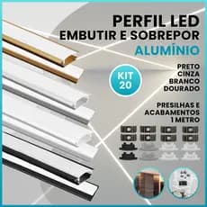 Kit 20 metros Perfil Slim Para Fita Led Alumínio Sobrepor e Embutir Preto Cinza Branco Dourado