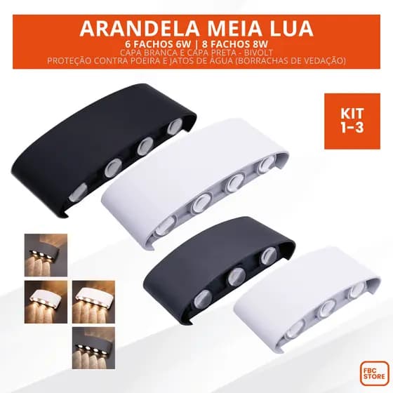 Arandela Meia Lua Preto ou Branco Led 6w 6 Fachos ou 8w 8 Fachos Ip66 Branco Quente 3000k Bivolt