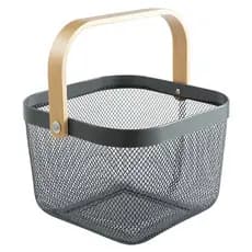 Cesto Aramado de Armazenamento Fruteira Multiuso em Metal com Alça de Bambu