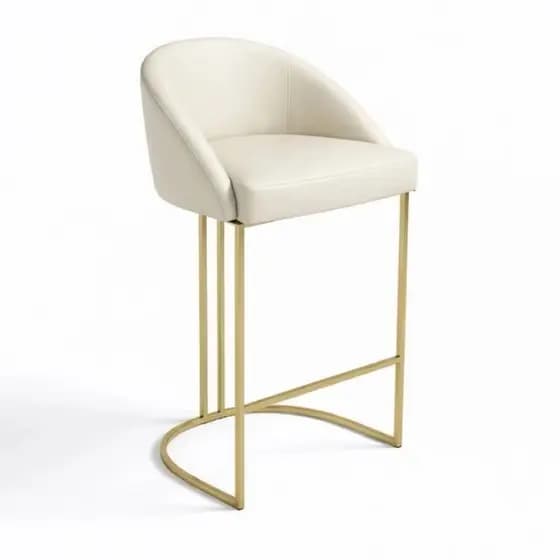 Banqueta Alta LUA Boucle/linho para Área Gourmet Bancada Cozinha Americana Churrasco Base de Ferro Dourada-HSENCANTUS