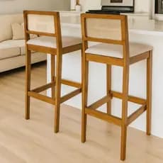 Kit 2 Banquetas Altas Linho com Encosto de tela tipo Palha – Banqueta Cozinha Bancada Ilha Bar Elegante Confortável