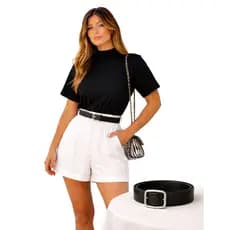 T-Shirt Feminina Gola Alta em Malha + Cinto Feminino de Fivela Prata  | Camiseta Lisa Básica Conforto Premium Casual