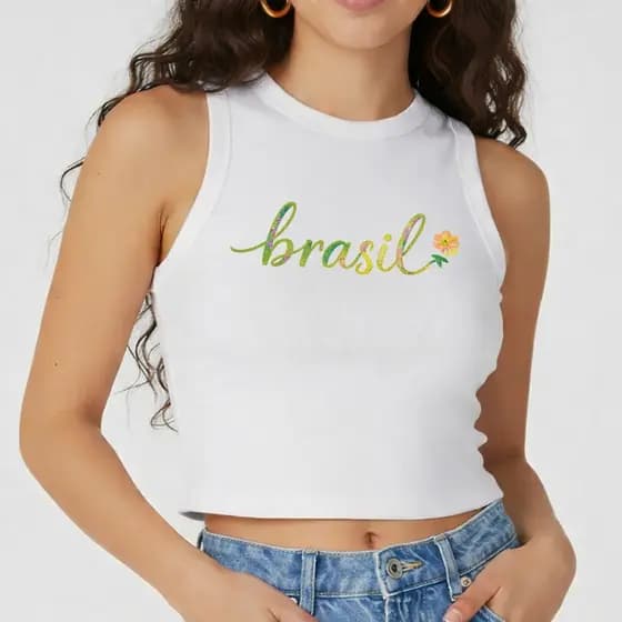 Blusa Feminina Regata Cropped Canelada Curta Sem Mangas Brasil Copa do Mundo