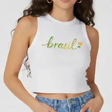 Blusa Feminina Regata Cropped Canelada Curta Sem Mangas Brasil Copa do Mundo