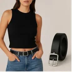 Blusa Feminina Regata Cropped Canelada Curta Sem Mangas + Cinto Feminino Fivela Metalizada Prata