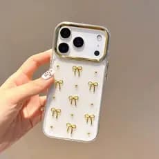 Capinha iPhone Luxo com Glitter e Laços – Dourado e Prata Premium Feminina