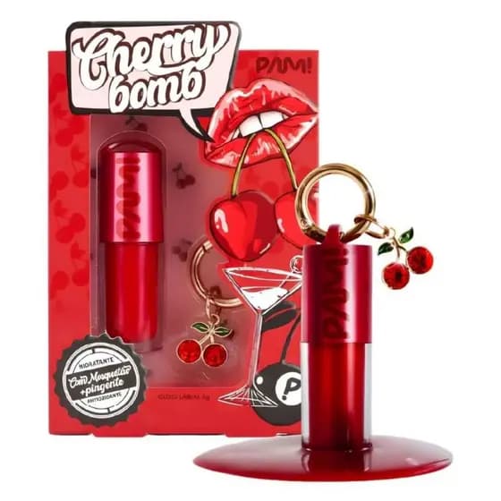 Gloss Labial Cherry Bomb com Chaveiro de Cereja – Hidratante e Brilho Intenso