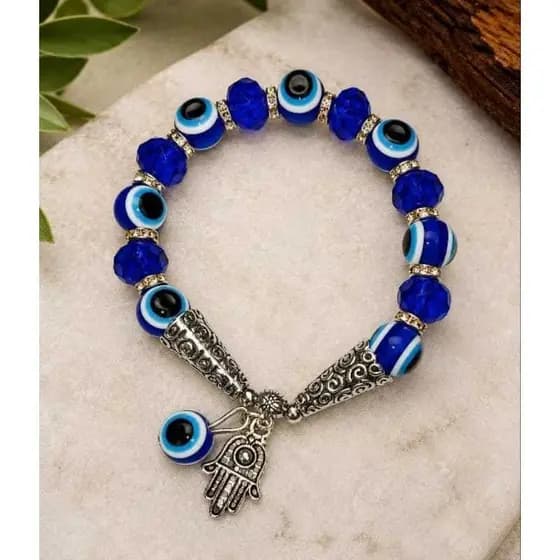 Pulseira Olho grego Pingente mão de Hamsá Proteção Energia - Liga de Vidro, 18,5 cm, Elástica, 8g